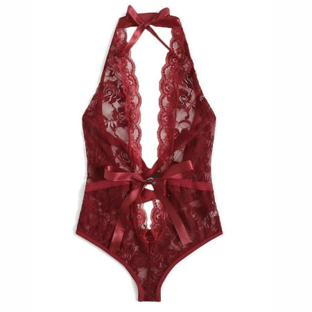 

Tangnade Lingerie Seduction For Women Fashion Women Lingerie Girl Low Back Cross Floral Lace Sleepwear Babydoll Wine XL