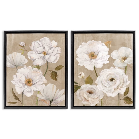 Stupell Industries White Blooms over Neutral 2 Piece Black Framed Floater Canvas Set, design by Carol Robinson