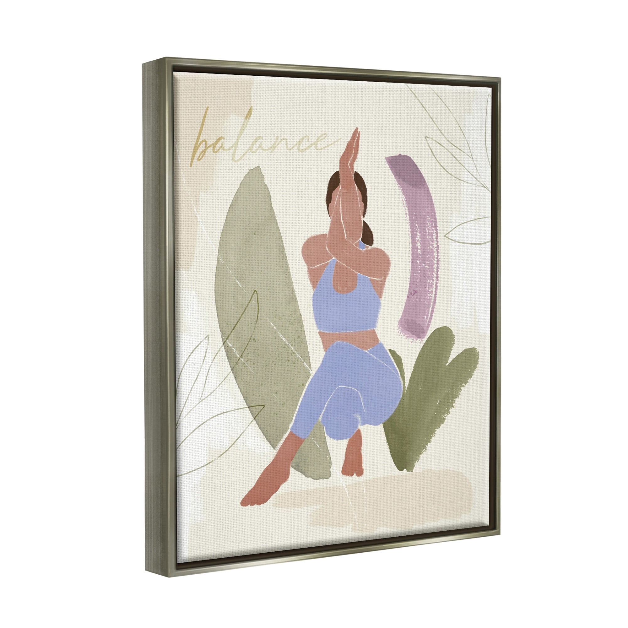 Stupell Industries Balance Typography Fitness Yoga Pose Botanical Motif Metallic Gold Framed Floating Canvas Wall Art, 24x30, by Victoria Barnes