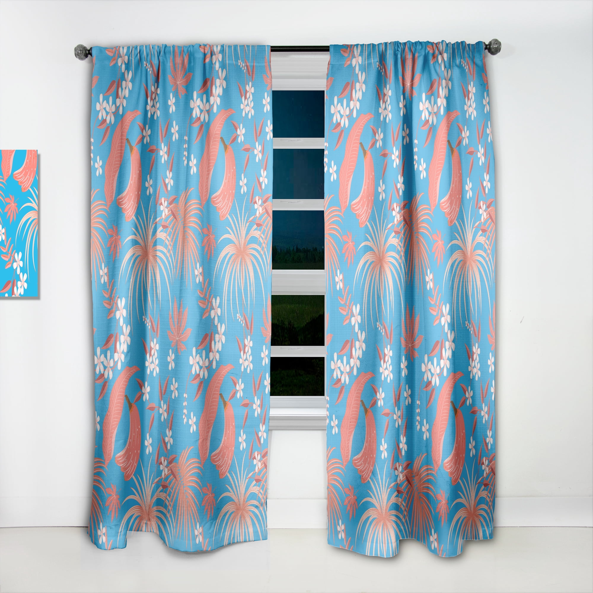Designart 'Retro Tropical Foliage Coral II' Mid-Century Modern Curtain Panel