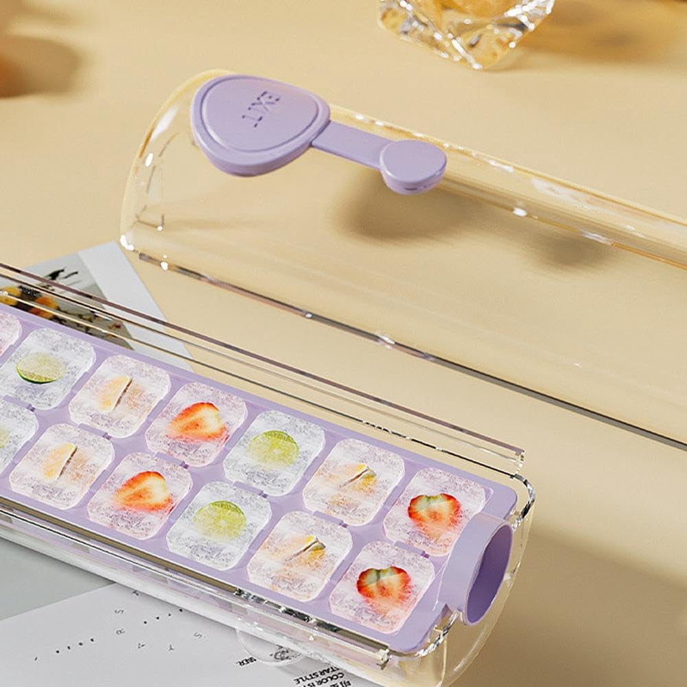 Press Ice Cube Tray, Square Ice Maker with Storage, 18 Cubes