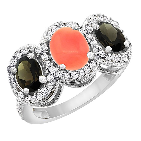 10K White Gold Natural Coral & Smoky Topaz 3-Stone Ring Oval Diamond Accent, size 5.5