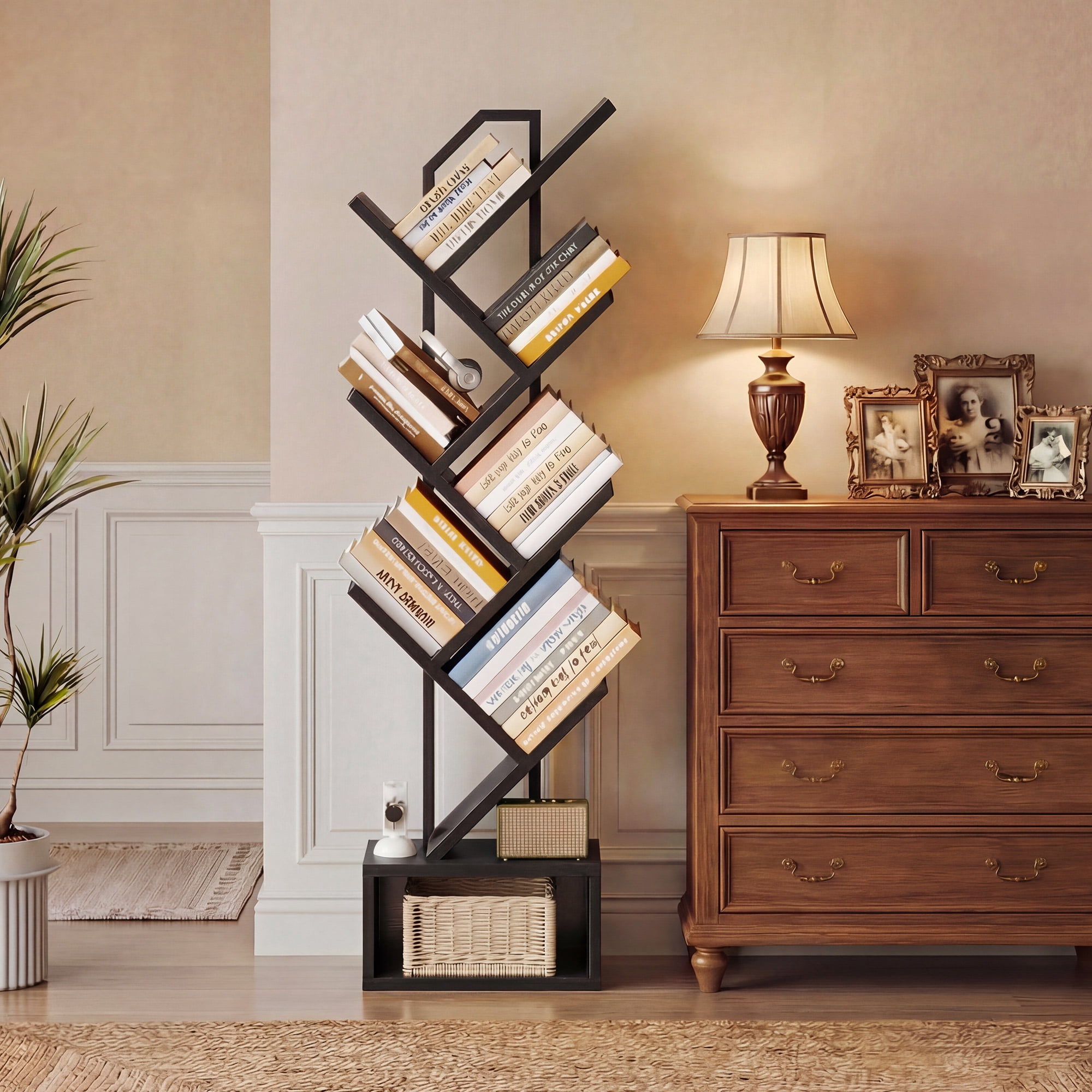 Casacomoda 6-Tier Tree Bookshelf for Corner & Small Space — Narrow Steel & Wood Bookcase, Tall Floor Standing Book Organizer Shelf with Storage Cabinet, Home Decor for Living Room, Bedroom, Black