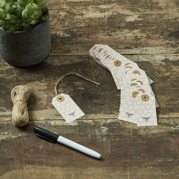 VHC Brands Buzzy Bees Bee Paper Tag 9pt w/Twine Set of 50 1.5x2.75, Spring and Easter Gift Tags, Small Hanging Spring and Easter Decor