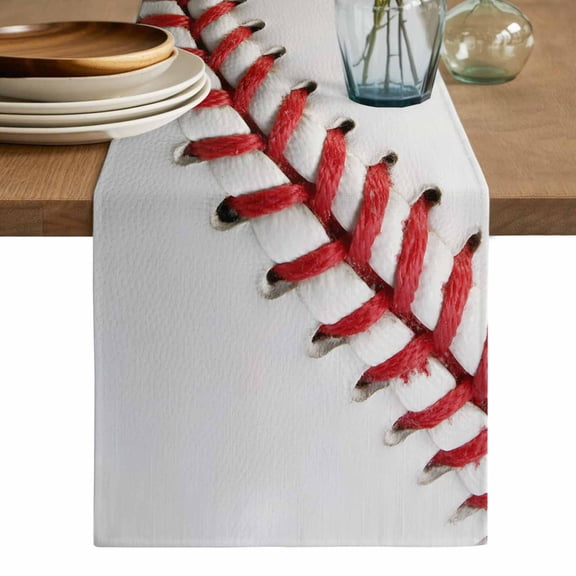 Baseball Table Runner, Red White Texture Sports Ball Minimalist Washable Cotton Linen Table Runners 36 Inches Long, Dresser Scarf Runner for Nightstand/End Tables/Round Tables 13''x36''