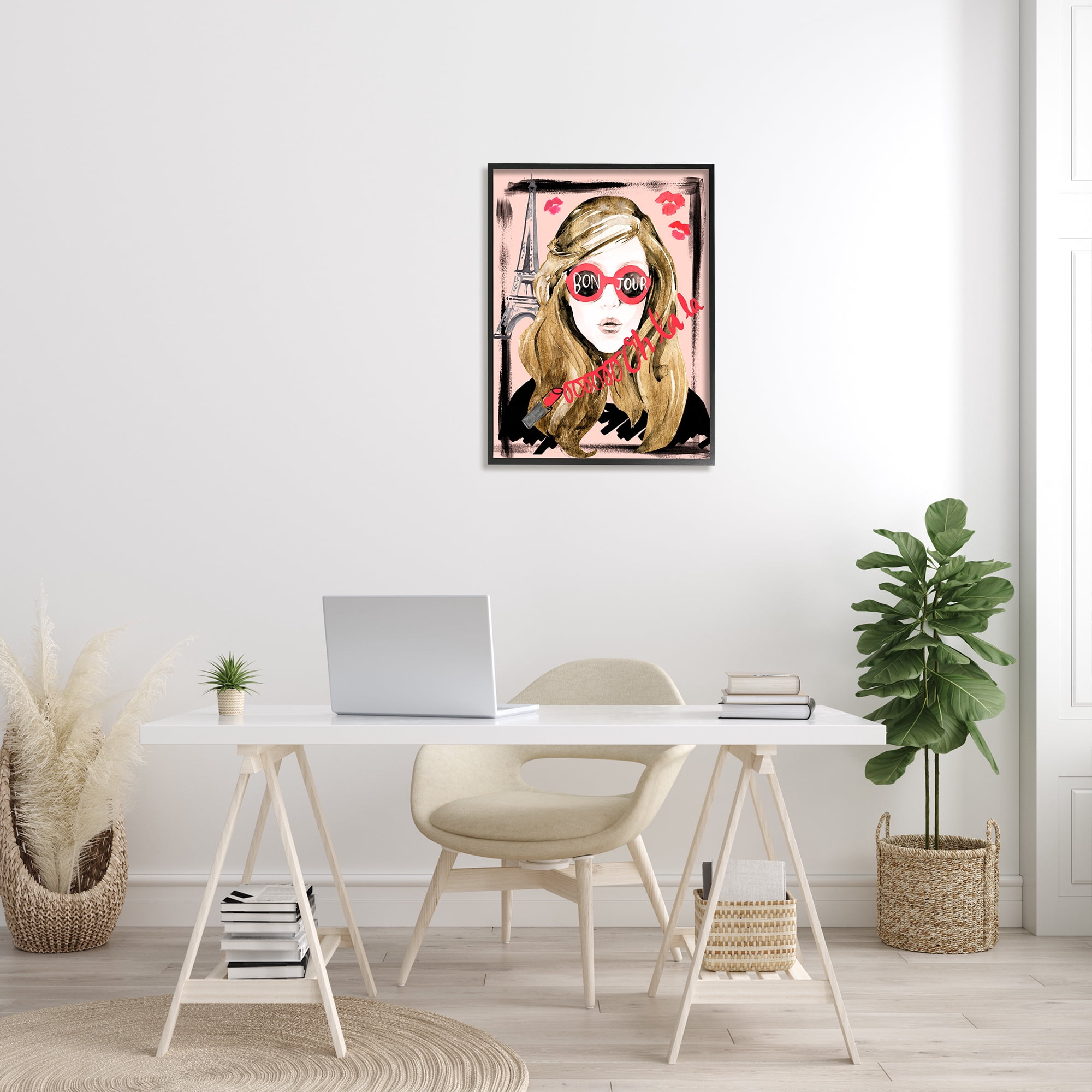 Stupell Industries Bon Jour Greeting Red Shades Glam Parisian Woman Beauty & Fashion Painting Black Framed Art Print Wall Art, 24 x 30