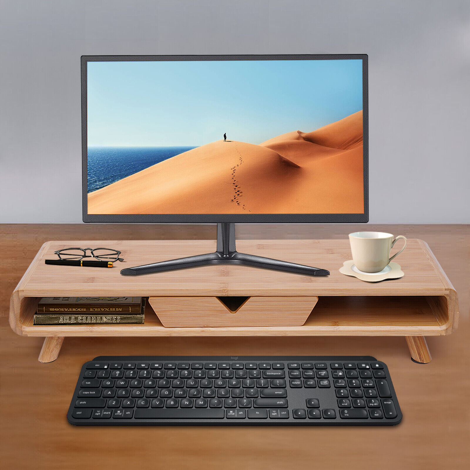 TFCFL 2Tier Bamboo Monitor Stand Stand Riser Desk Organizer Desktop Laptop Stand