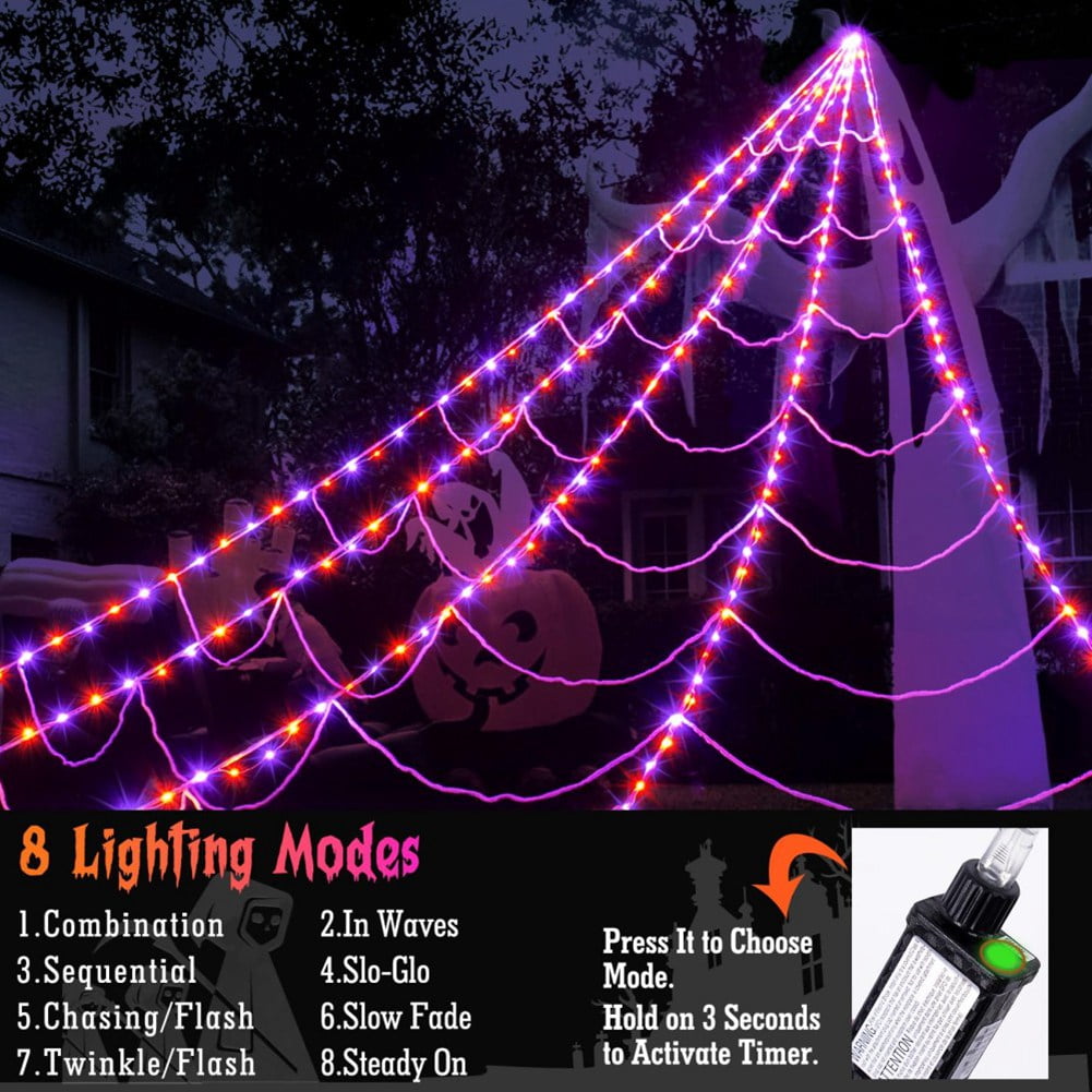 16.4*15.7Ft, Halloween Spider Web Lights 135 LED Lighted Spider Web Large Halloween Decorations Light up with 8 Lighting Modes & IP65 Waterproof &Timer for Outdoor Indoor Yard Haunted House Decor