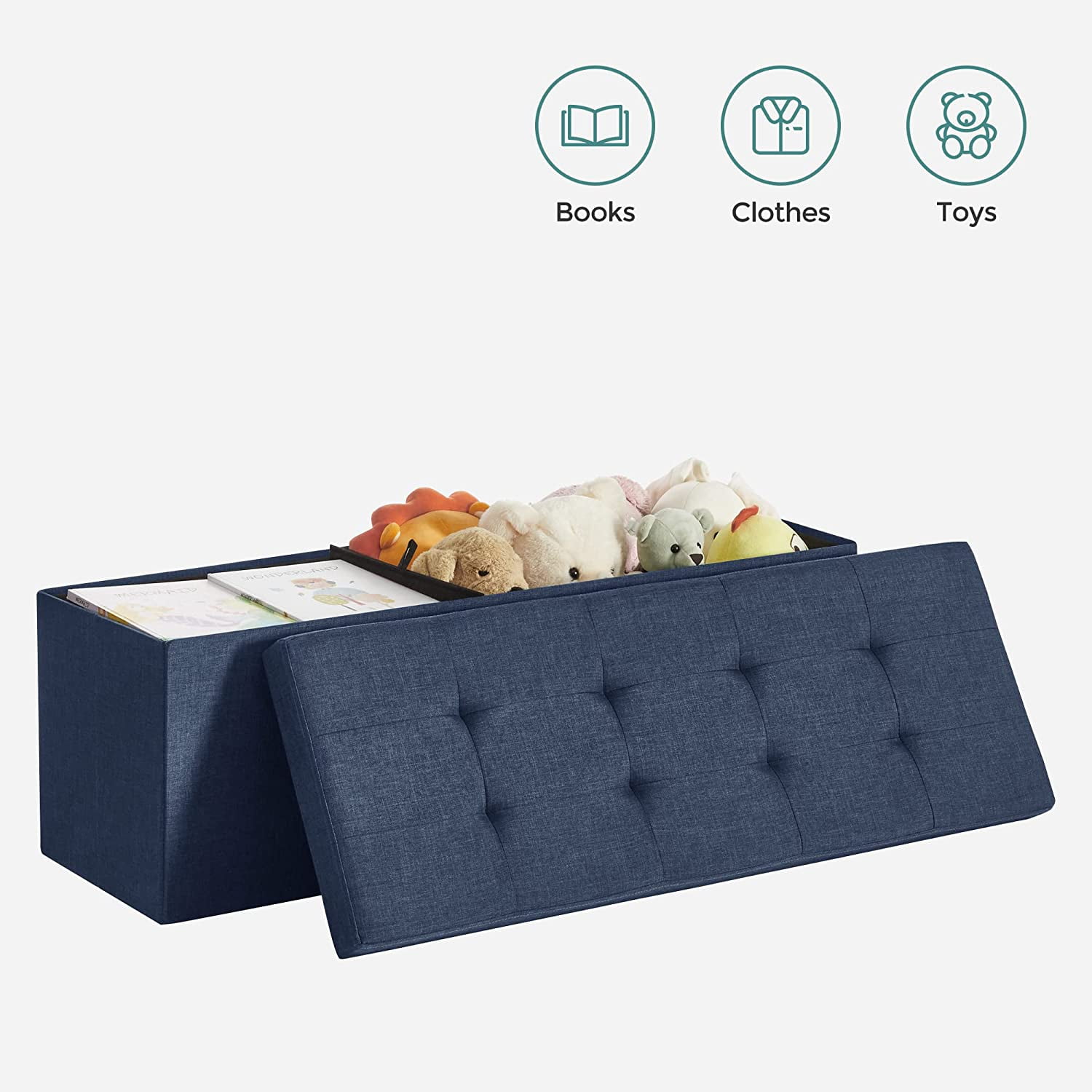SONGMICS 43" Storage Ottoman Bench Folding Ottoman with Storage Hold up to 660lb Footstool for Living Room Navy Blue