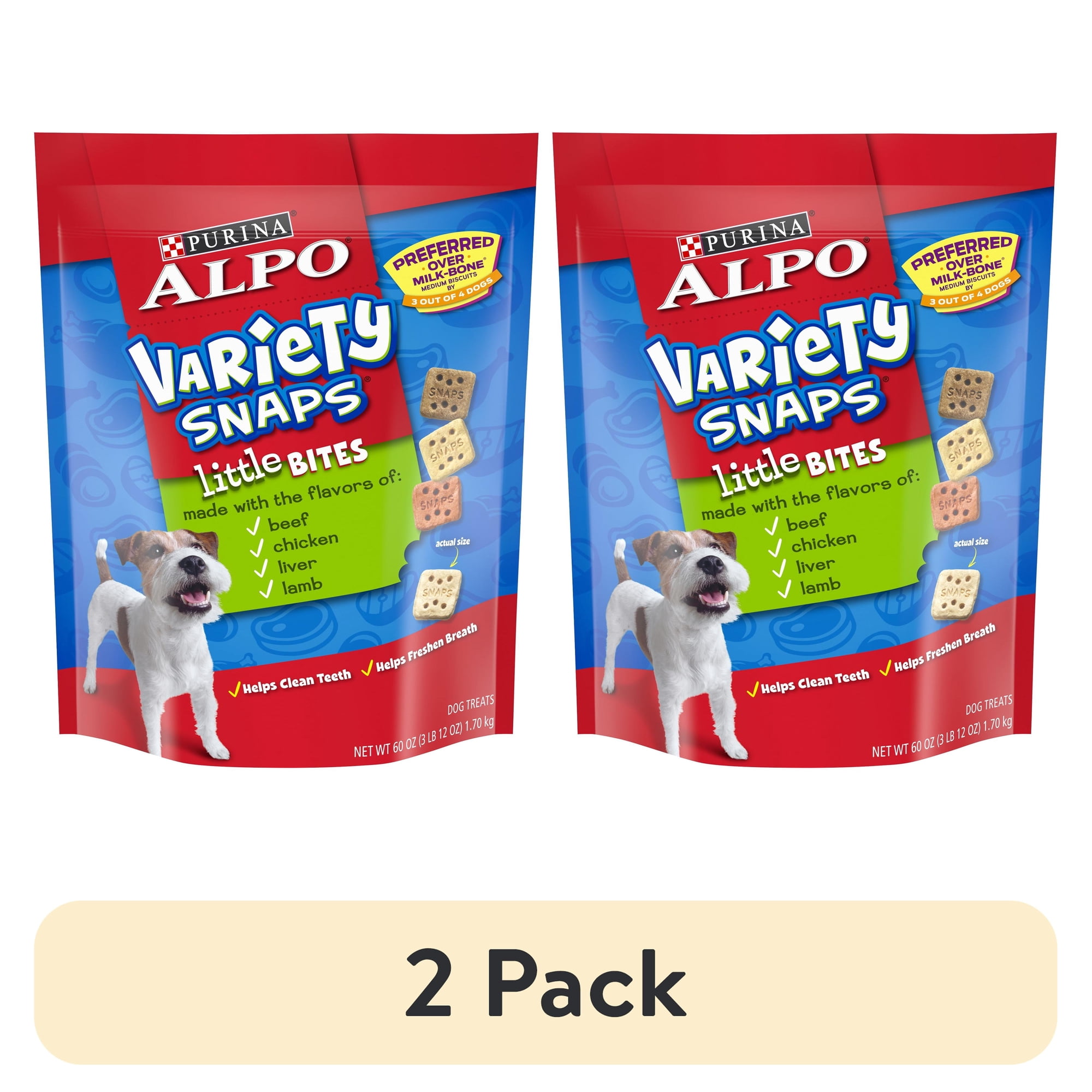 (2 pack) Purina ALPO Variety Snaps Beef Chicken Liver & Lamb Crunchy Treats for Dogs, 60 oz Pouch