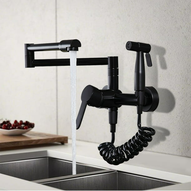 Wisewater Kitchen Faucet With Sprayer Single Handle Sink Rotatable Wall Mount Taps Modern Black Com - Wall Mount Kitchen Faucet With Spray