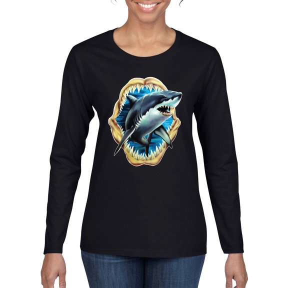 Ocean Shark Big Mouth Womens Graphic Long Sleeve T-Shirt, Black, Small