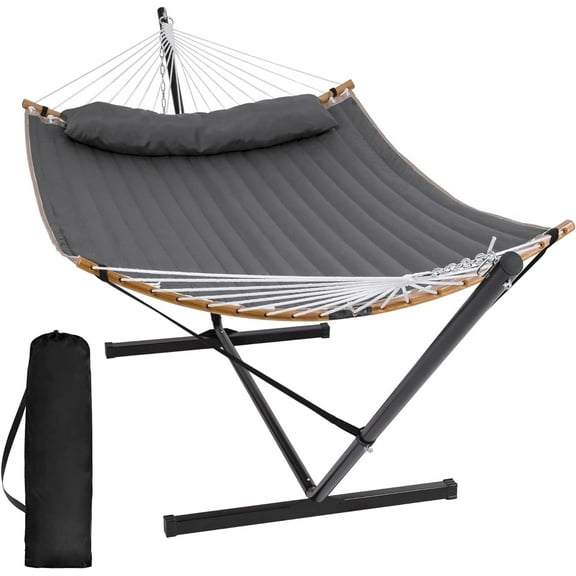 SUNCREAT Double Portable Hammock with Stand, 2 Person Hammock with Curved Spreader Bar, Balance Ropes Included, Dark Gray