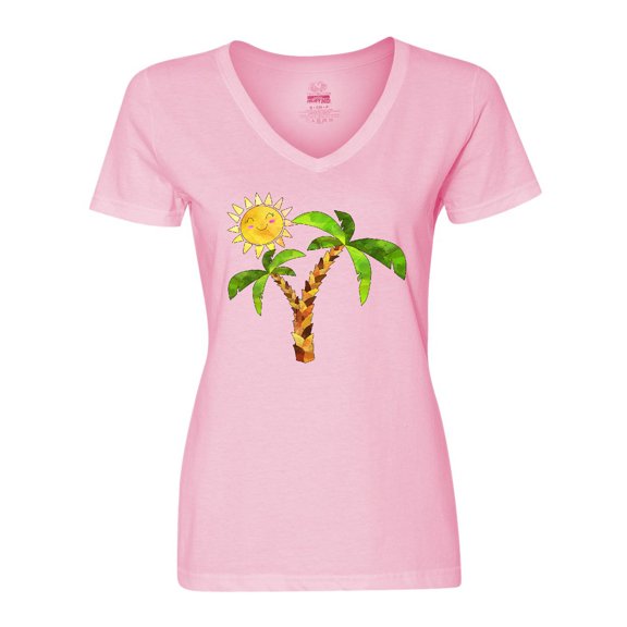 Inktastic Palm Trees with Cute Smiling Sun Women's V-Neck T-Shirt