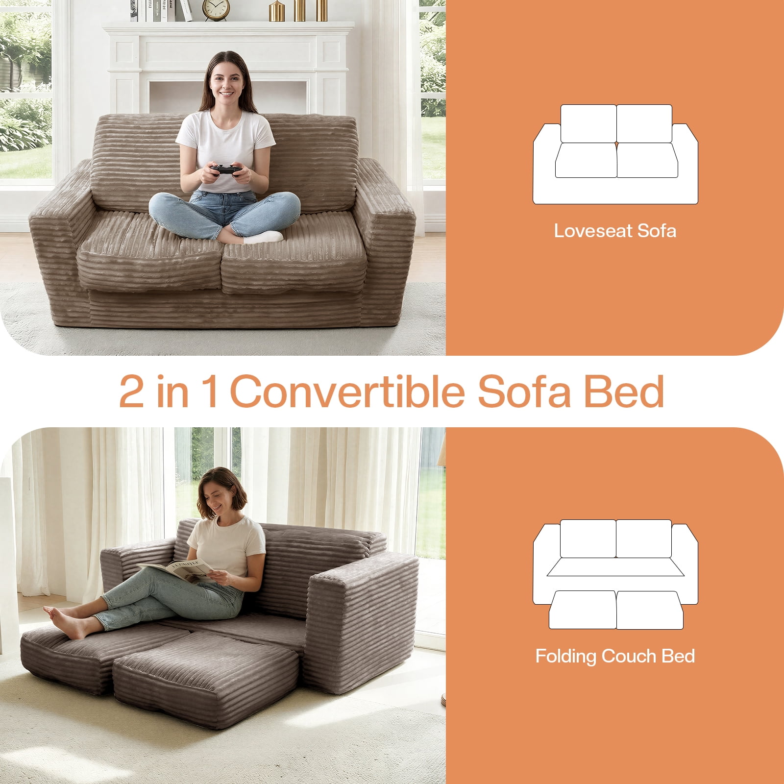 Kelyda 61''Boneless Loveseat Sofa, Modern Cloud Convertible Sofa Bed Couch Sleeper Chairs for Living Room Light Coffee