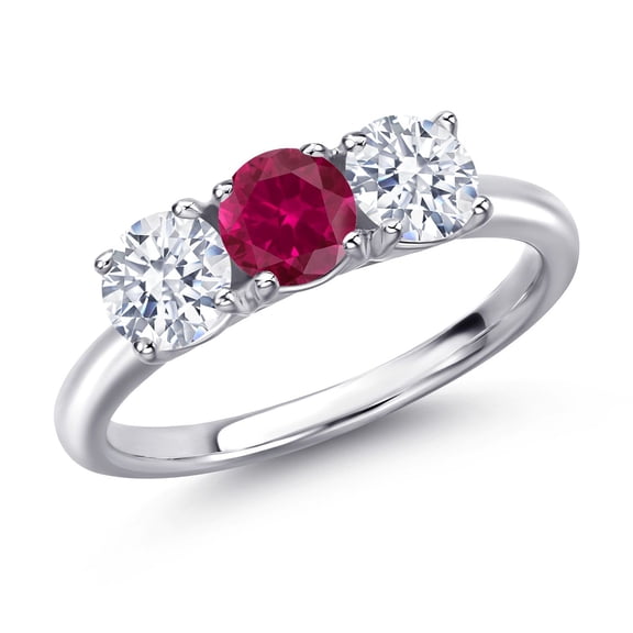 Gem Stone King 925 Sterling Silver Red Created Ruby and White Zirconia Engagement Ring for Women | 2.10 Cttw | Round 5MM | Gemstone July Birthstone | Size 5