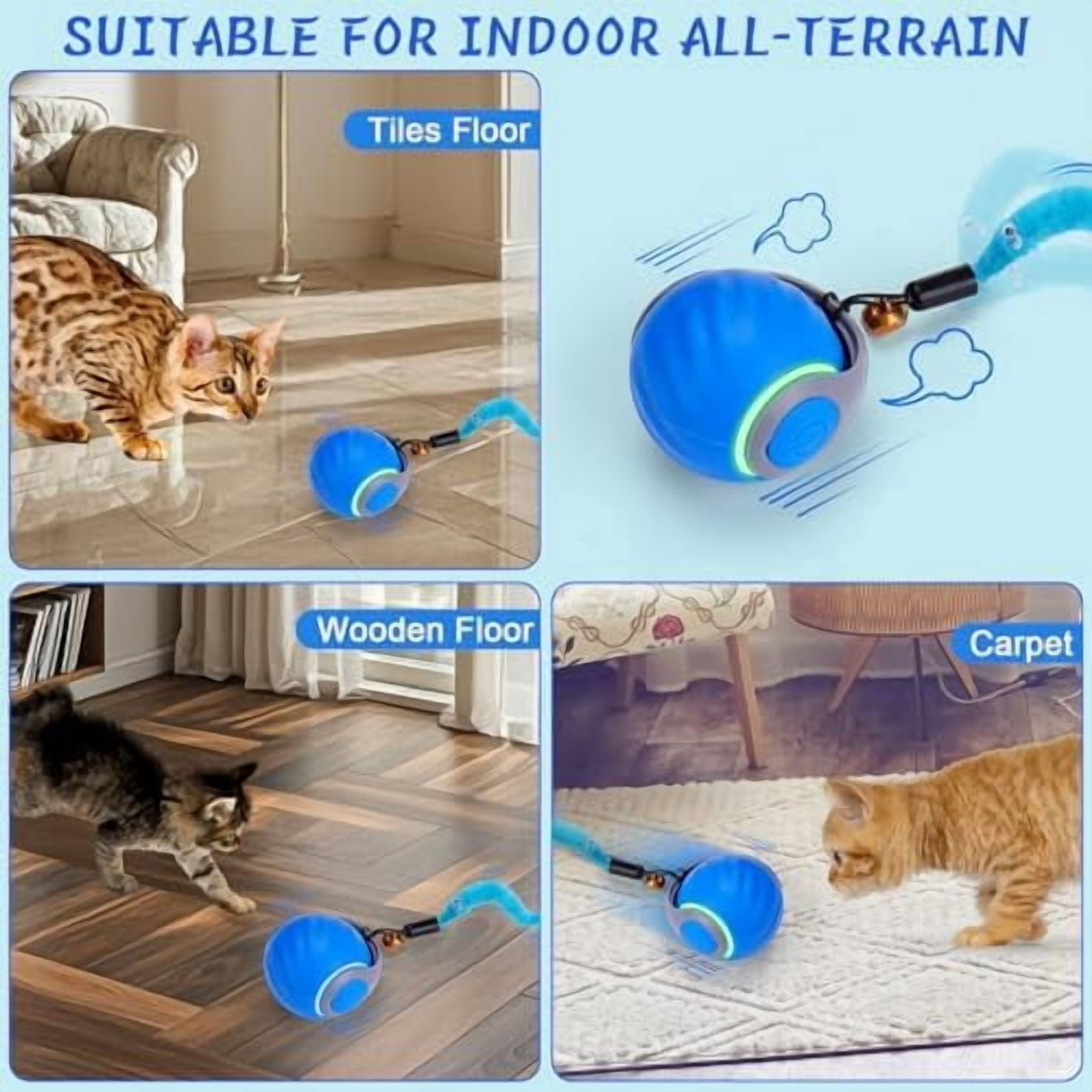 2Pack Blue Interactive Cat Toy Ball - Automatic Interactive Cat Toys for Indoor Cats with 3 Tails, 2 Speeds Rechargeable Enrichment for Small/Medium/Large to Keep Them Busy