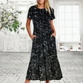 thumbnail image 2 of Penkiiy Women's Summer Casual Short Sleeve Crewneck Shiny Print Dress Casual Flowy Tiered Maxi Beach Dress With Pockets 2XL Black, 2 of 7