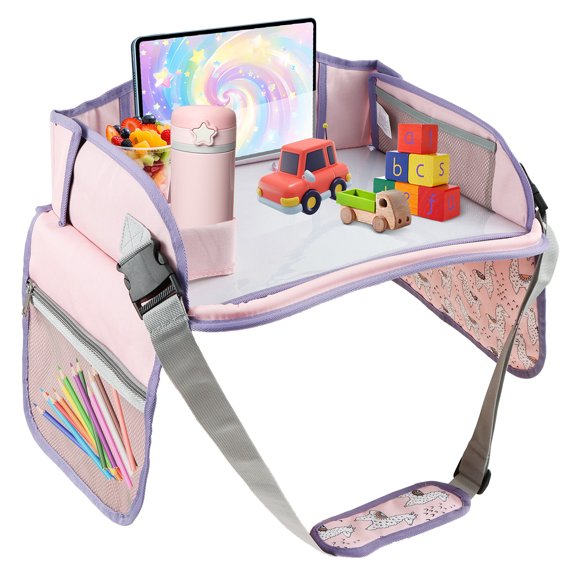 Carseat Table Tray for Kids Polyester Made Portable Drawing Board with Padded Shoulder Strap for Road Trip Activities