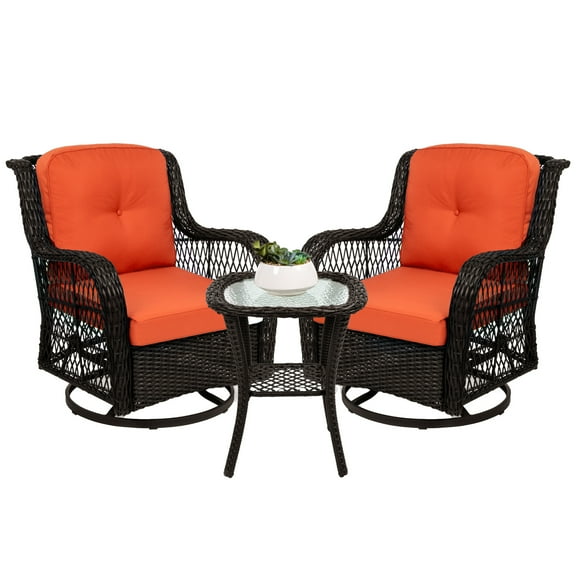 Best Choice Products 3-Piece Patio Wicker Bistro Furniture Set w/ 2 Cushioned Swivel Rocking Chairs, Side Table - Rust