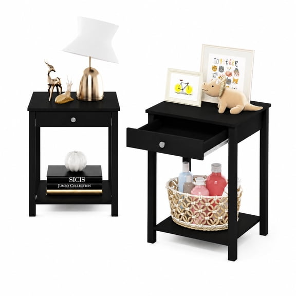 Furinno Classic Side Table Set of 2, 2-Tier Modern End Table with Small Drawer and Open Shelf, Night Stand, Bedside Table, for Living Room, Bedroom, Dark Americano