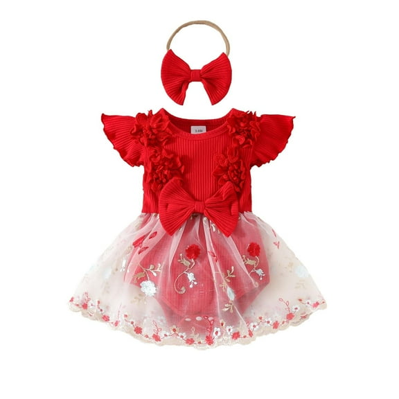 Wdgfv Girls Sleeveless Romper Baby Girl Summer Romper Dress with Fly Sleeve Flower Embroidery Mesh Skirt Hem Ribbed Red 0-3 Months