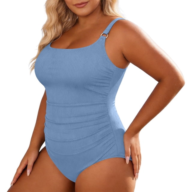PMVFHDE One Piece Swimsuit Women Ribbed Casual Pleated Plus Size Monokini With Bathing Suit Design For Beach Pool