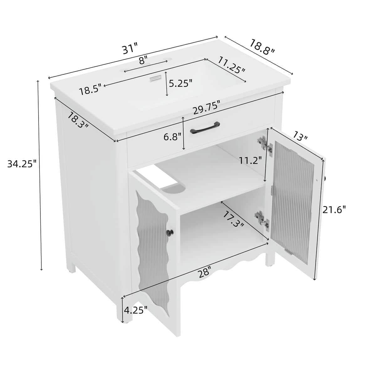 Spaco 31" Bathroom Vanity with Tempered Glass, Modern Bathroom Cabinet with Rubber Wood Legs and Soft Close Doors for Indoor, White