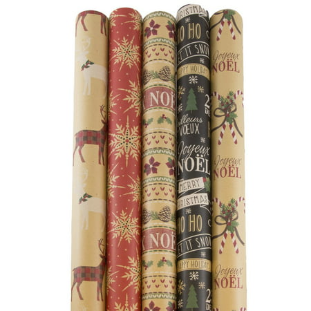 JAM Paper Kraft Wrapping Paper Rolls, 125 sq. ft., Kraft Christmas Set, 5 (Best Price Christmas Wrapping Paper)