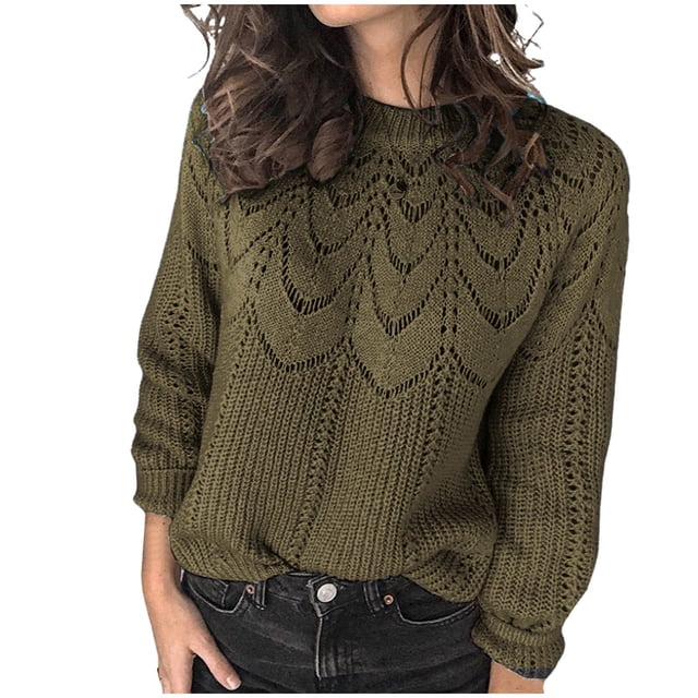Chandails pour Femmes Chandails à la Mode pour Femmes Chandail d'Hiver Décontracté Couleur Unie Col Rond Manches Longues Tricoté Rayé Ample