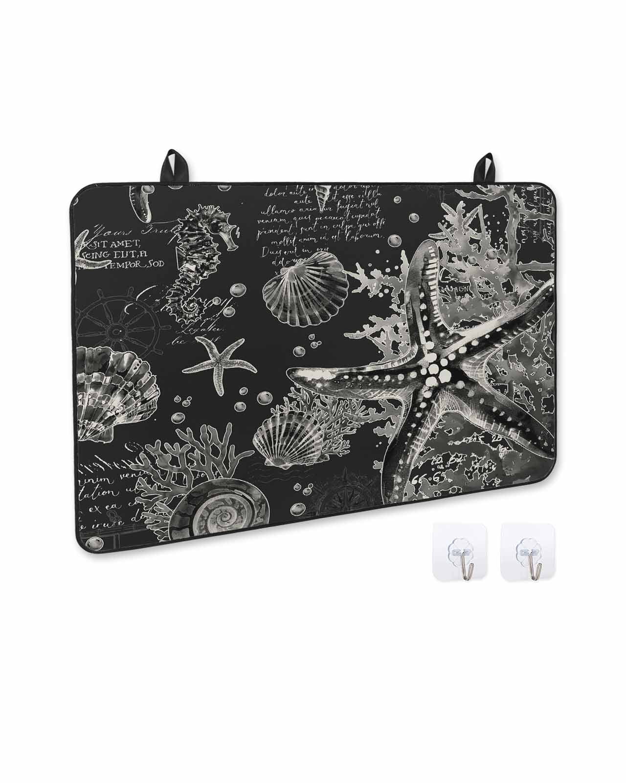 nqOlkjepod Large Induction Cooktop Protector Mat 24"x21", Black Coastal Starfish Stove Top Covers for Electric Stove, Vintage Coral Seahorse Shell Stove Burner Cover Mats, Glass Top Stove Cover
