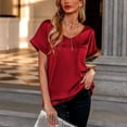 thumbnail image 2 of Camiseta Estrela de satén con cuello en V para mujer, camiseta informal de manga corta con bolsillo, cómoda, a la moda, para mujer, color rojo vino S, 2 of 6
