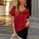 thumbnail image 2 of Camiseta Estrela de satén con cuello en V para mujer, camiseta informal de manga corta con bolsillo, cómoda, a la moda, para mujer, color rojo vino S, 2 of 6