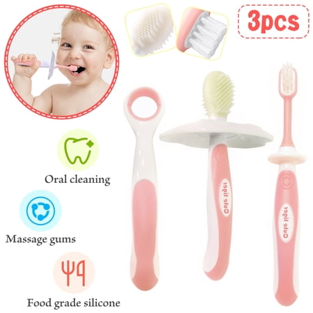 AMERTEER 3Pcs Baby Toothbrush Set, Baby Tongue Cleaner Oral Care Set Dental Care for 0-36 Month Baby, BPA Free