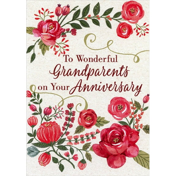 Designer Greetings Pink Flowers on Vines and Two Light Green Swirls Wedding Anniversary Congratulations Card for Grandparents