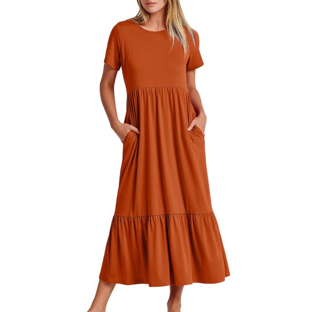 B91xZ Robe Midi Décontractée à Manches Courtes pour Femmes 2024, Col Rond, Taille Haute, Maxi Robe Fluide à Volants, Orange S