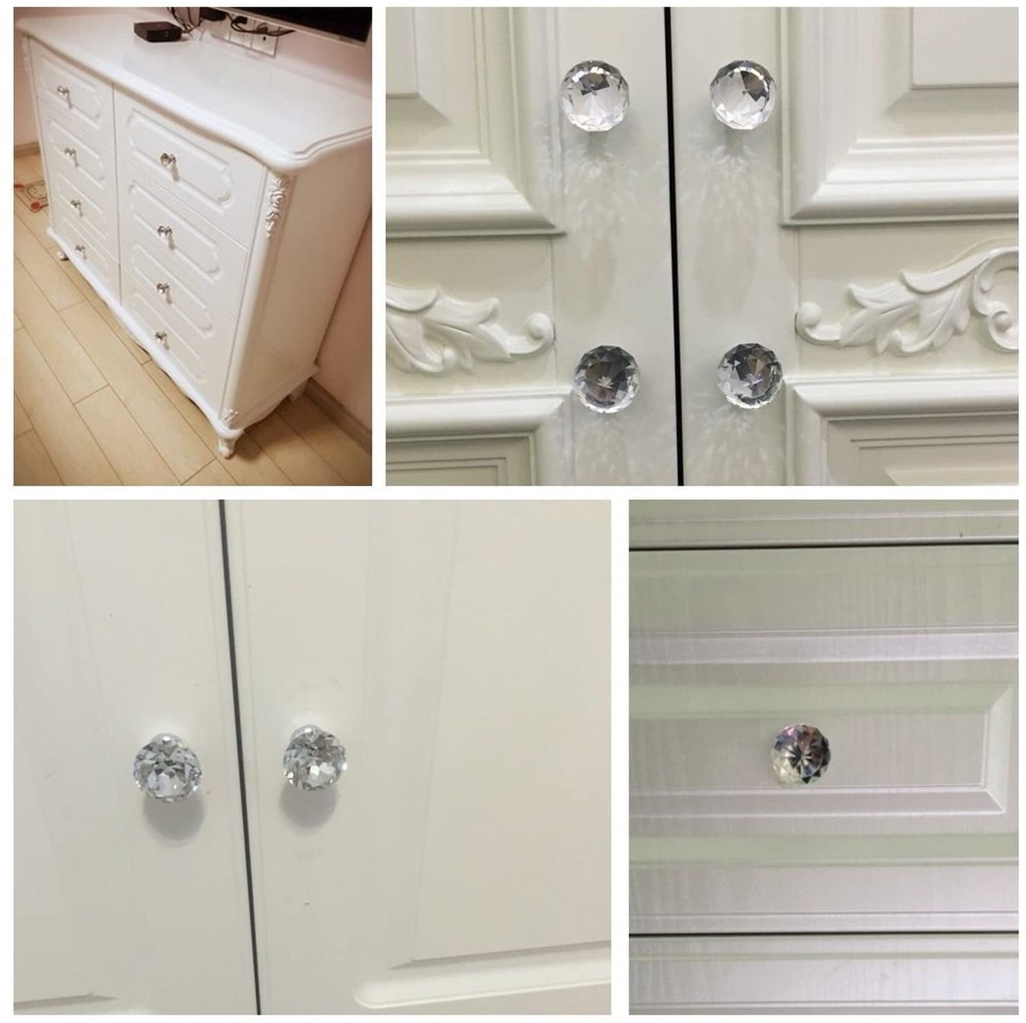 12 Pcs White Clear Crystal Glass Cabinet Knobs 30mm Diamond Shape Drawe