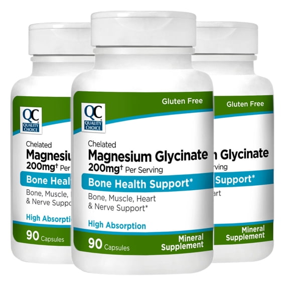 Quality Choice Magnesium Glycinate 200 mg - Bone, Muscle, Heart & Nerve Support, 90 Capsules - 3 Pack