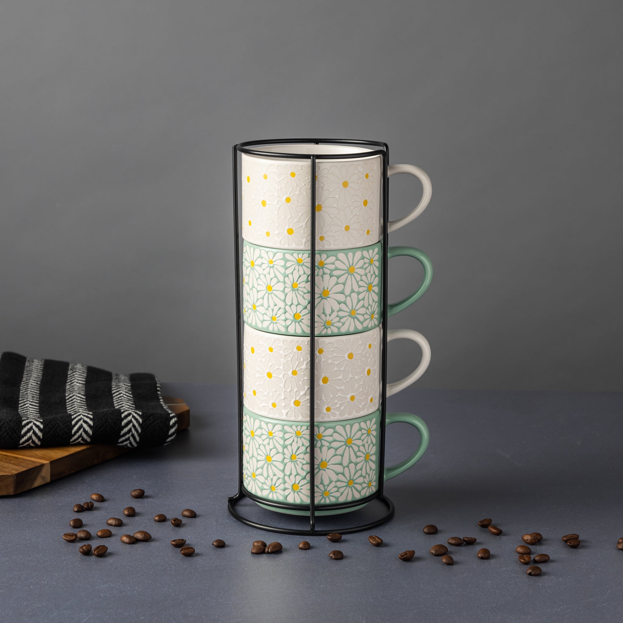 Thyme & Table White 4 Pack Stacking White and Green Floral Mugs 11.1 fl oz, Stoneware