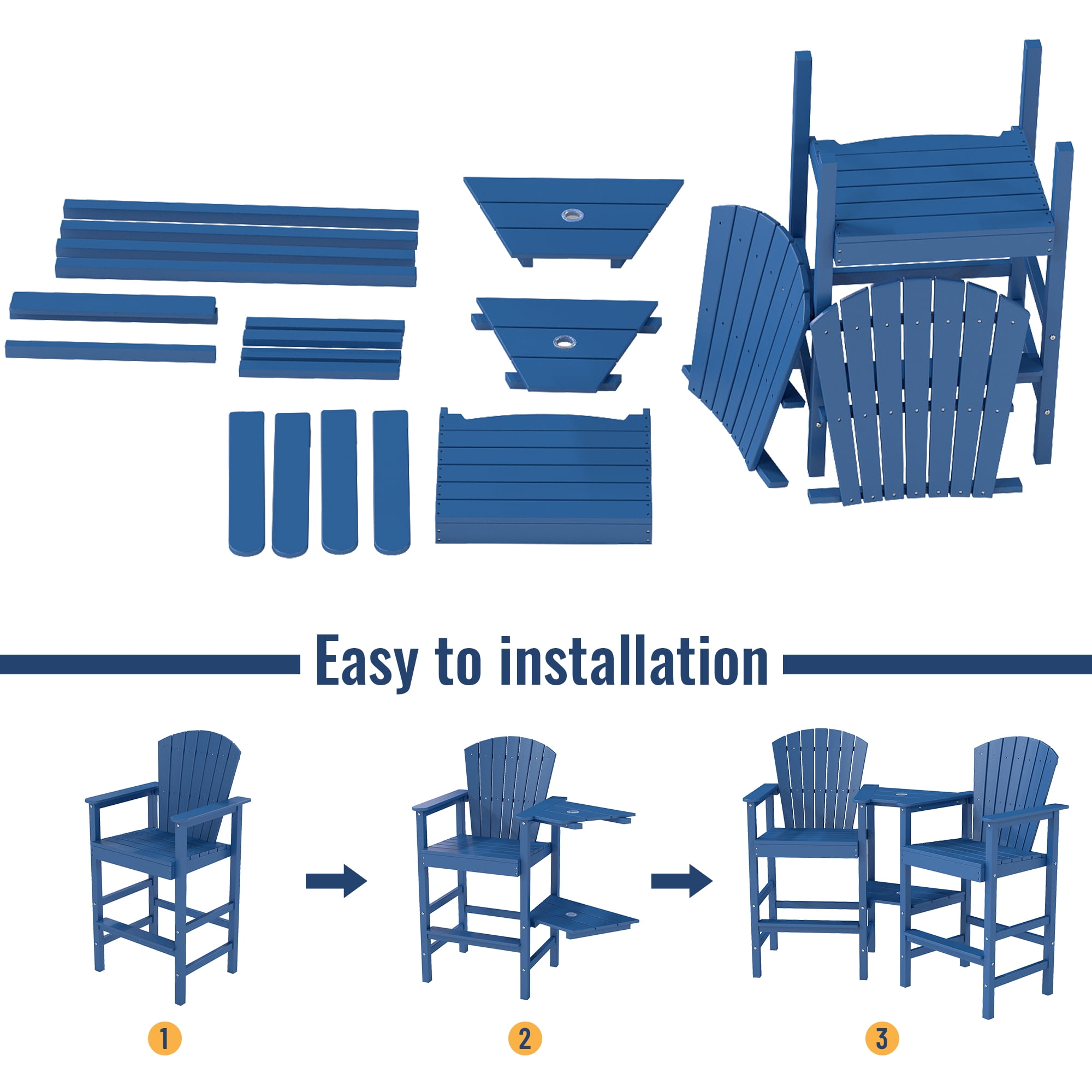 FOOWIN Tall Adirondack Chair Set of 2, HDPE All-Weather Adirondack Bar Stools with Connecting Tray, Blue