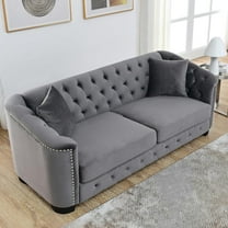 Newest 77-Inch Modern Chesterfield Velvet Sofa, 3-Seater Modern Couches, Upholstered Tufted Backrests with Nailhead Arms and 2 Cushions for Living Room, Bedroom, Apartment, Office (Grey)