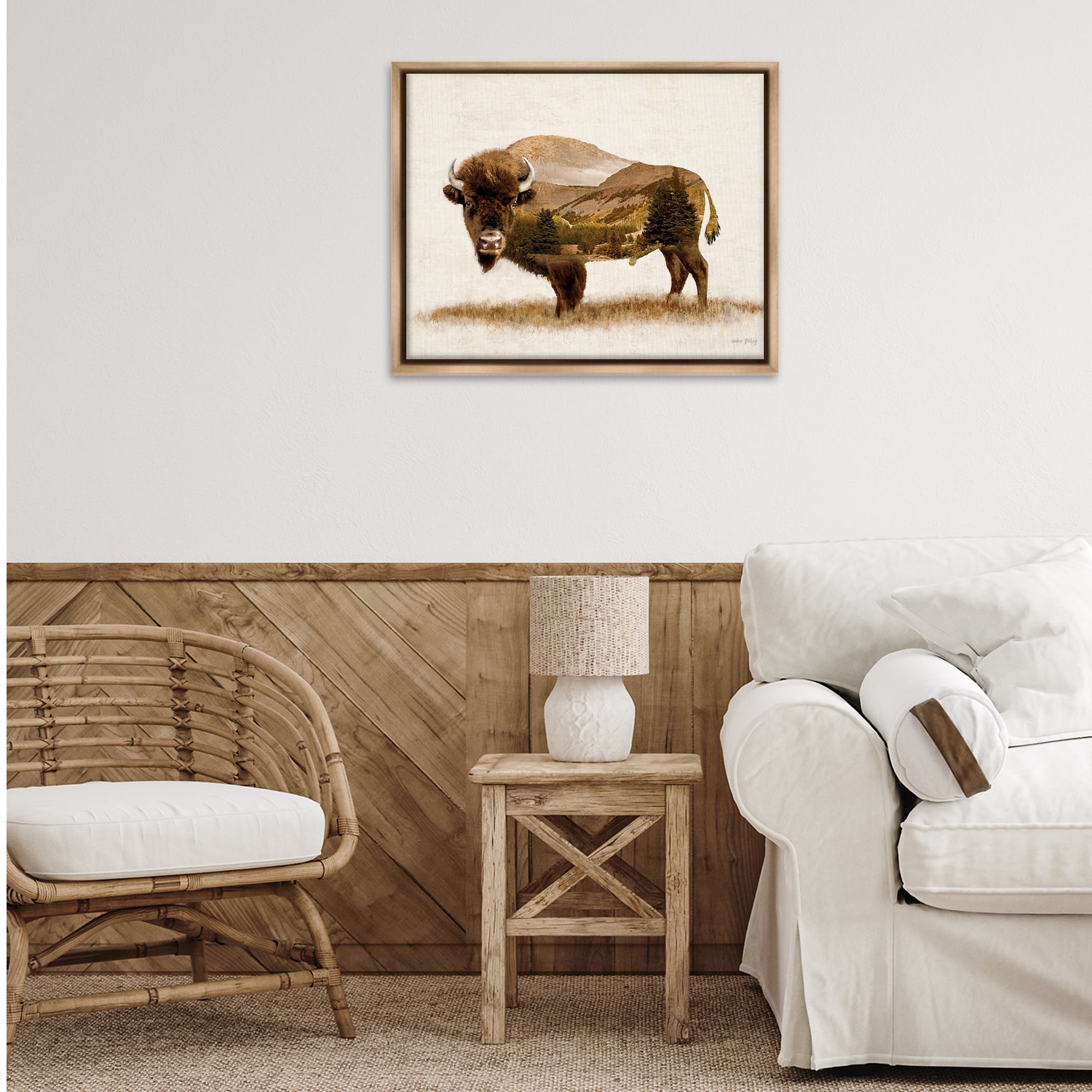 Stupell Industries Nature Patterned Bison Animals & Insects Painting Brown Floater Framed Art Print Wall Art, 31 x 25