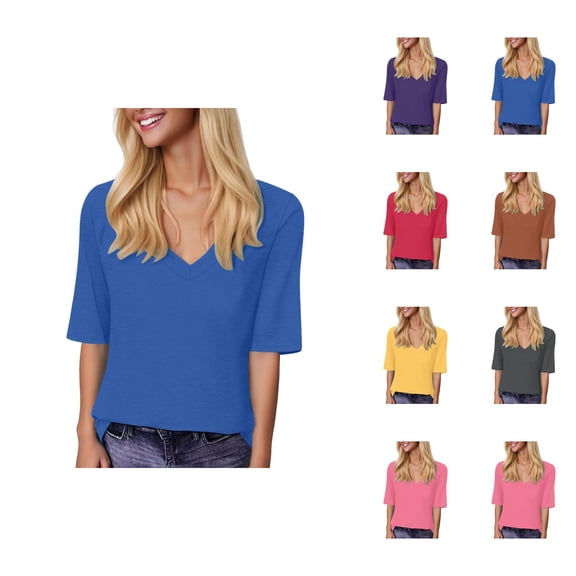 Womens T Shirts Summer Tops 2025 Solid Color V-Neck Short Sleeve Breathable Casual Basic Tees Tshirts Shirts for Women