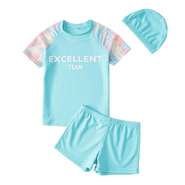 MIASHUI Boys Two Piece Rash Guard Swimsuits Kids Short Sleeve Bathing Suit with Sun Hat,Blue,6-7 Years