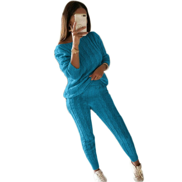 Kayannuo Women Pants suits Sweatpants Women Clearance Spring Summer Womens  Solid Color Off Shoulder Long Sleeve Cable Knitted Warm Two-Piece Long Pants  Sweater Suit Set Light blue 