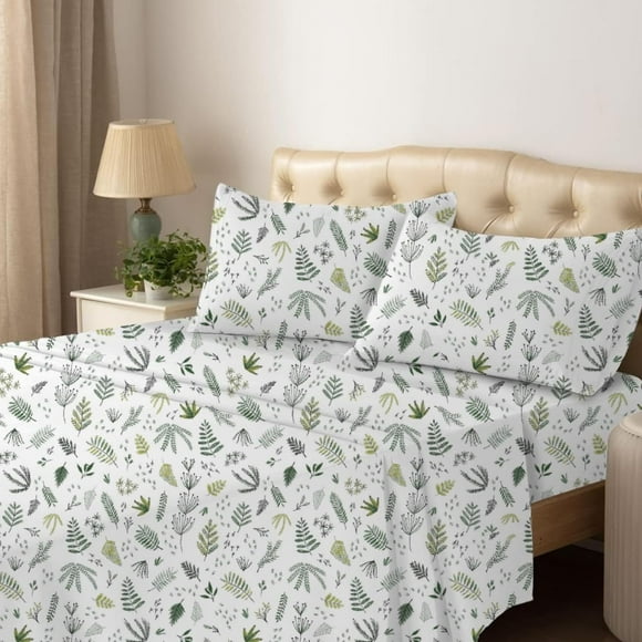 SHILIU-King Sheet Set - 4 Piece Bedding - Brushed Microfiber Soft Sheets for King Size Bed with Flat,Fitted Sheet,2 Pillow Cases (Leafy Tranquil)