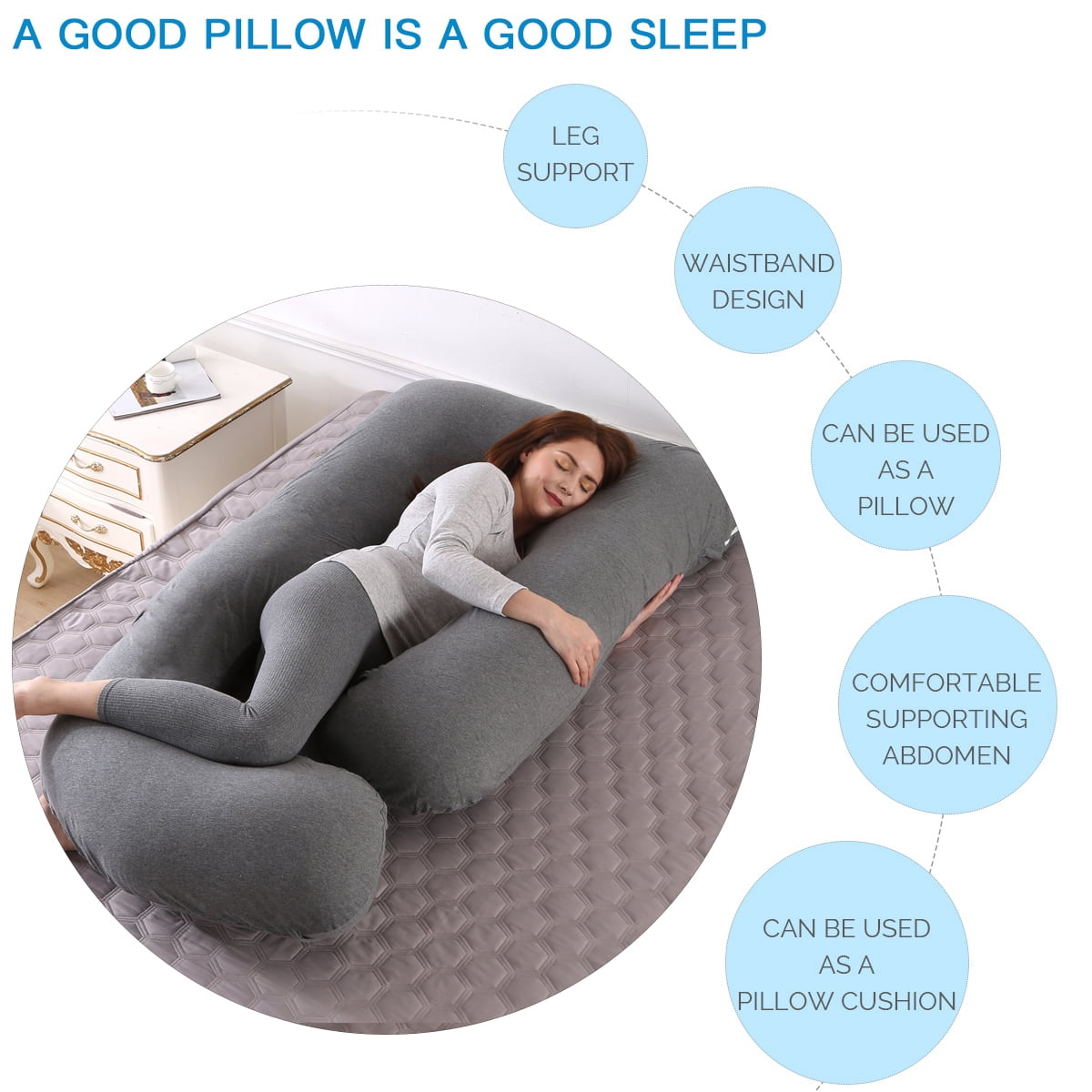 SHANNA 57in Full Body Pillow, Nursing, Maternity and Pregnancy Body Pillow, Extra Large J Shape Pillow and Lounger with Removable Cotton Cover-Dark Gray