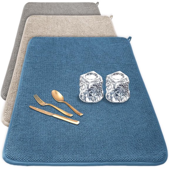3 Pack Dish Drying Mat,24 X 17 Inch Ultra Absorbent Microfiber Dishes Drainer Mats,Large Size Dish Drying Pad for Kitchen Counter,Coffee,Rack,Under Sink,Countertops,Pinstripe(Beige/Grey/Blue)