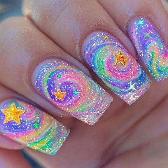 JZROCKER 24 Pcs Long Acrylic Nails Star Full Covers Stick On Nails Gradients Press On Nails Stylish False Nails