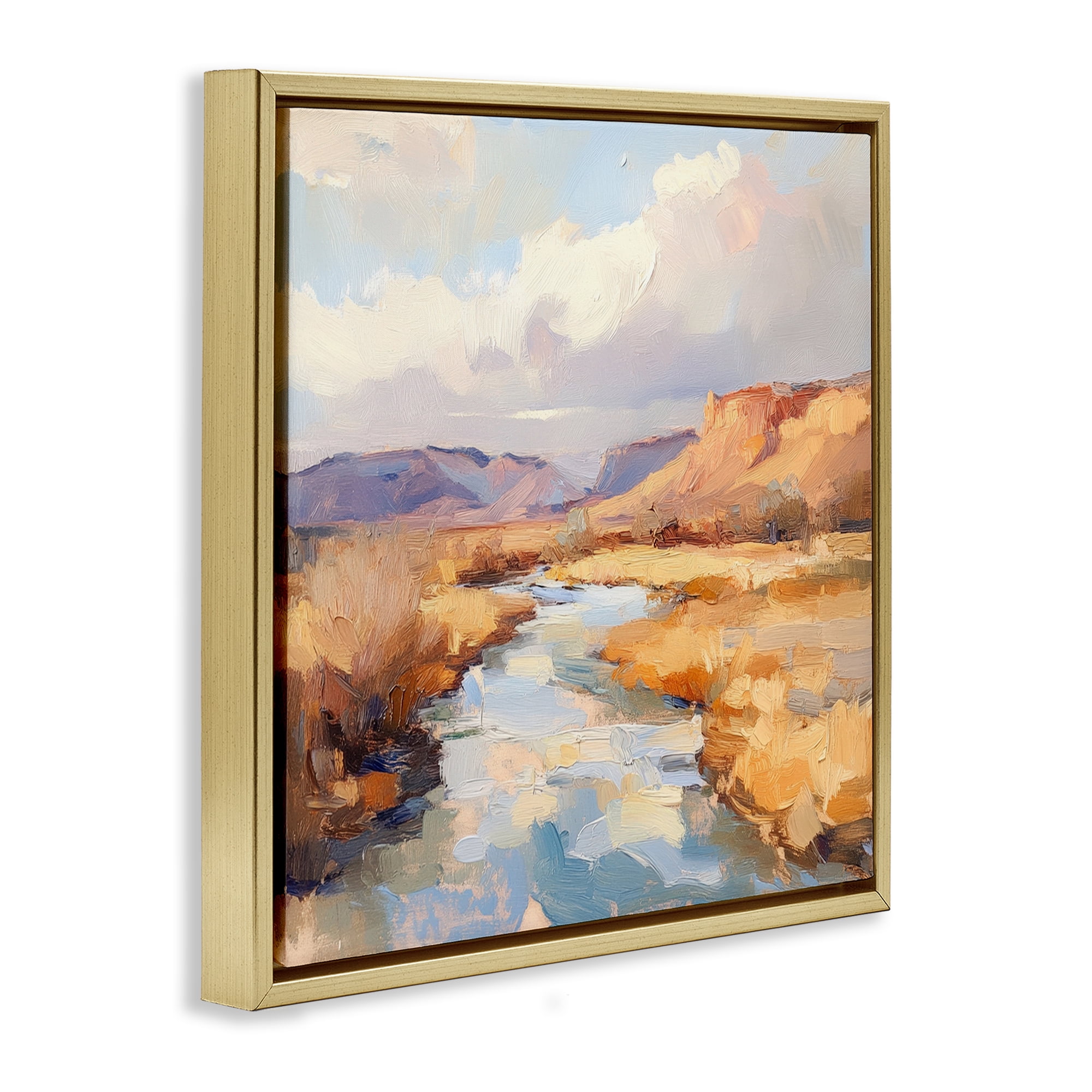 Stupell Industries Plateau River Evening Glow Gold Framed Floater Canvas Wall Art, design by Petal Prints Design